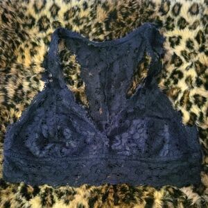 Blue and Black Lace Bra with Floral Detailing